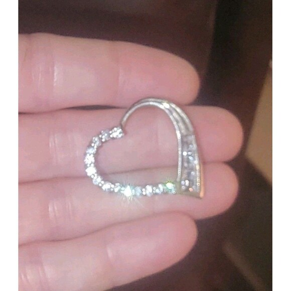 Sterling Silver Open Heart slide Pendant w Round & Baguette Diamonds signed JG - Picture 4 of 16